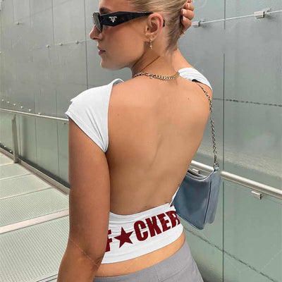 Mother Effer Backless Short Sleeve Crop Top