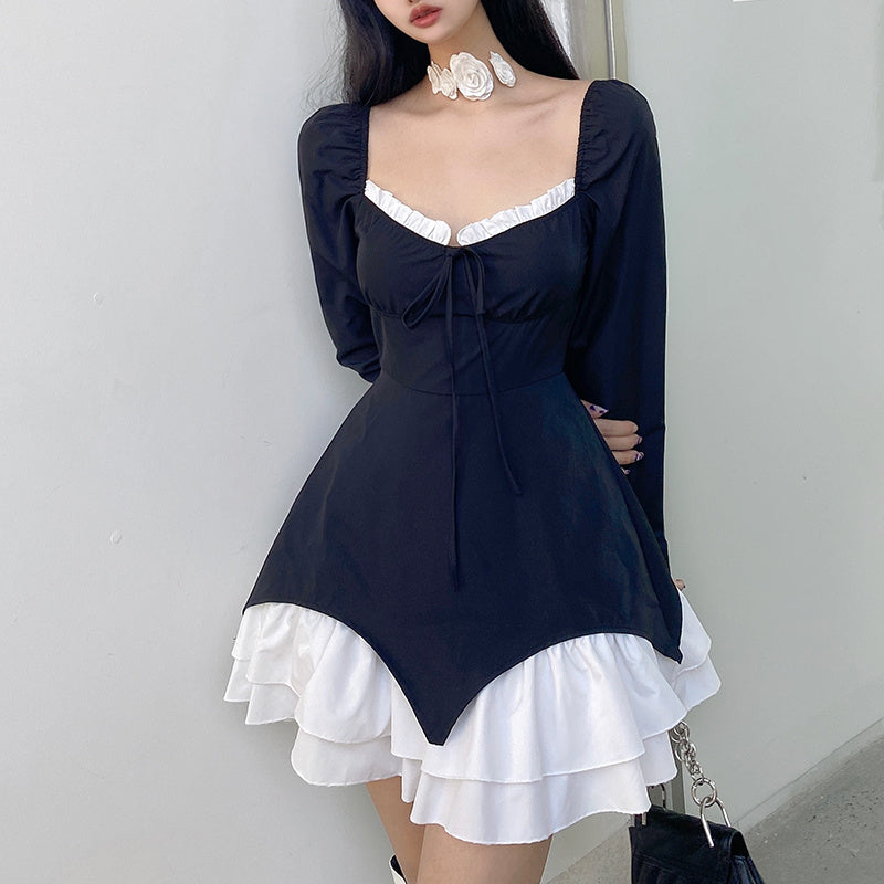 French Gothic Square Neck Lace-Up Dress