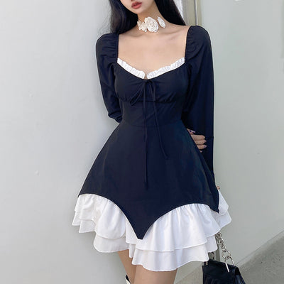 French Gothic Square Neck Lace-Up Dress