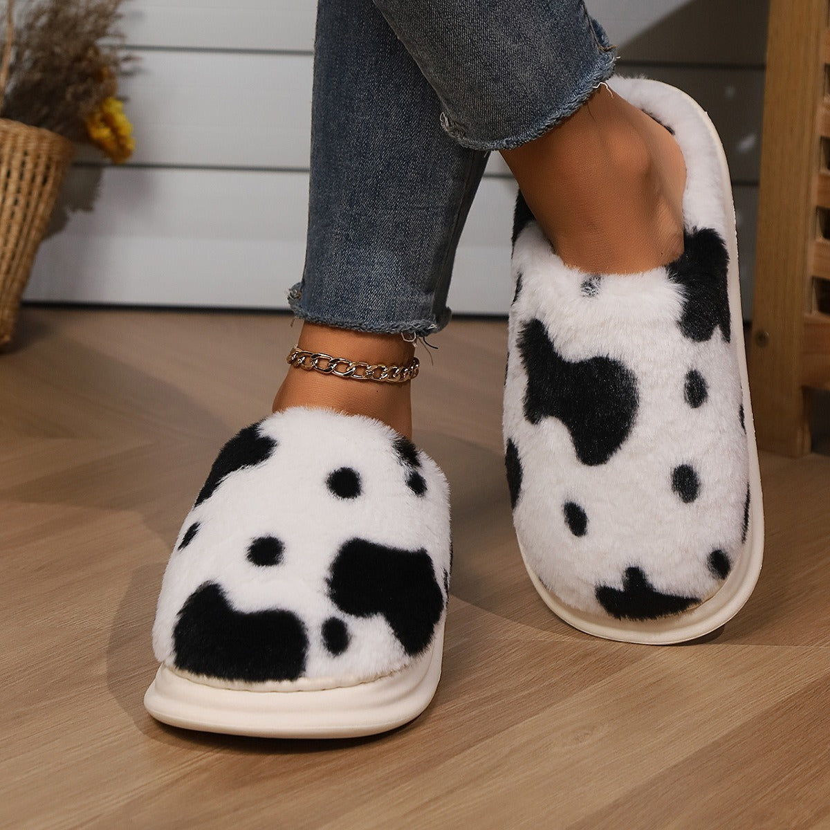 Cow Spotted Plush Slippers