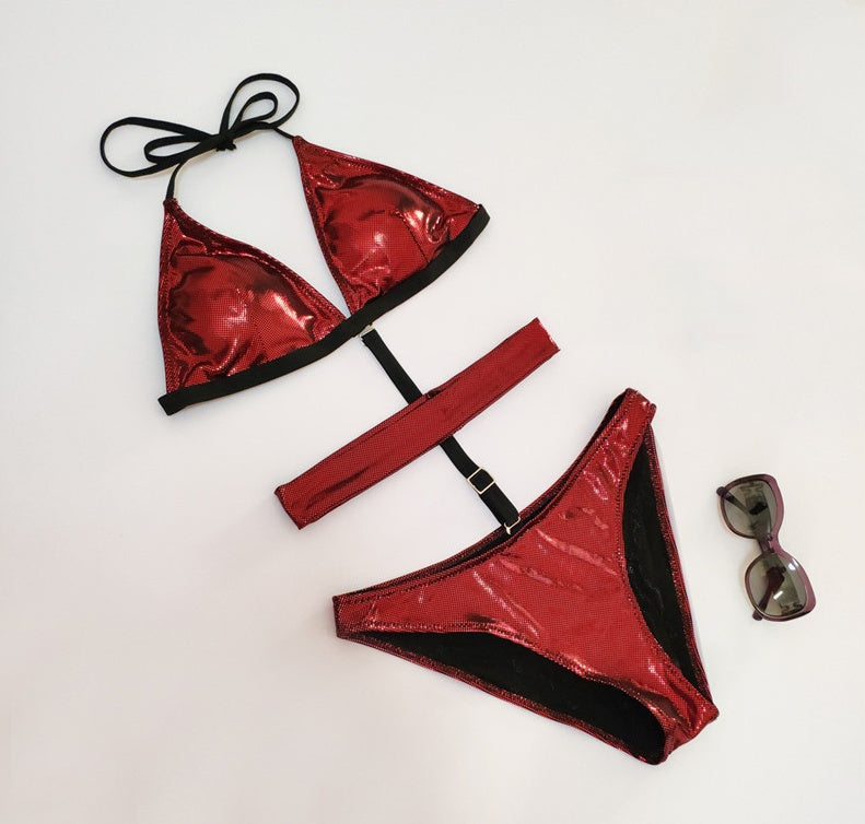 'Crimson Dominance' Red Strapped Metallic One-Piece Swimsuit
