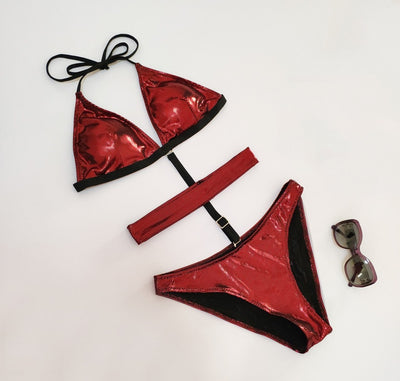 'Crimson Dominance' Red Strapped Metallic One-Piece Swimsuit