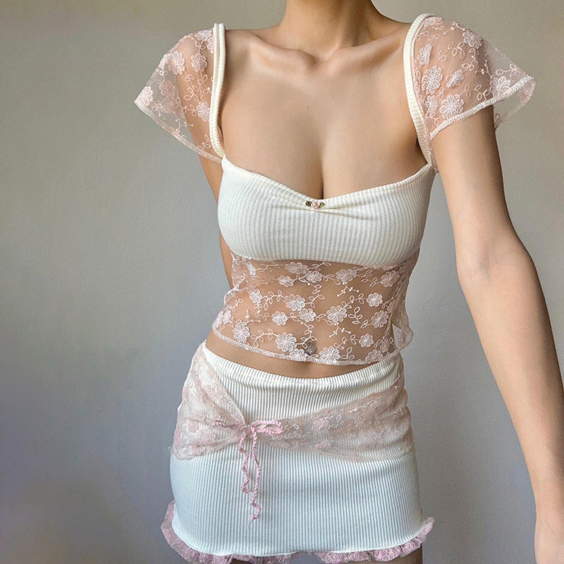 Floral-Stitched Square Neck Crop Top