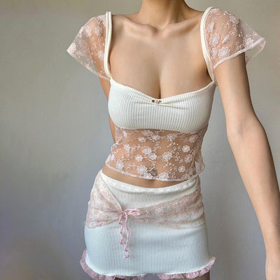 Floral-Stitched Square Neck Crop Top