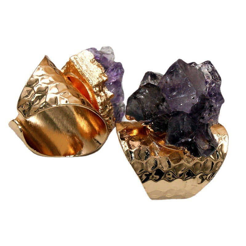 Natural Amethyst Gold Chunk Ring