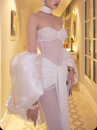 Sheer White Strapless Two-piece Maxi Set