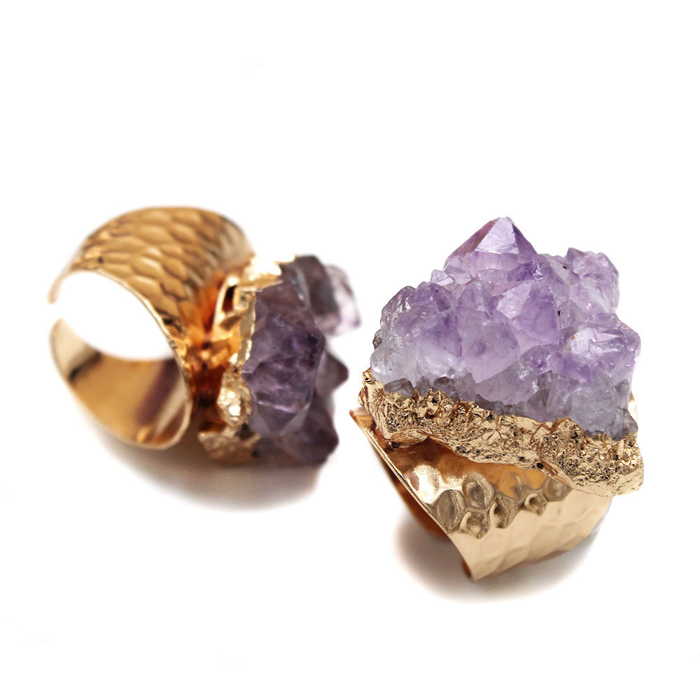 Natural Amethyst Gold Chunk Ring