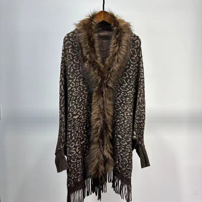 One-Size-Fits-All Leopard Print Fur Collar Throw-Over Cardi