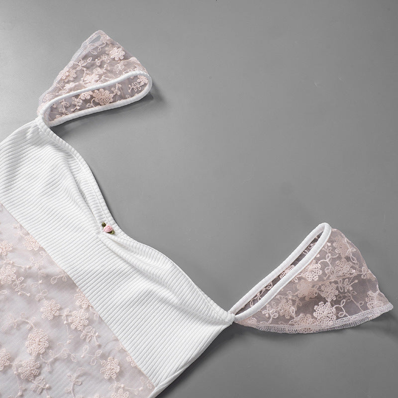 Floral-Stitched Square Neck Crop Top