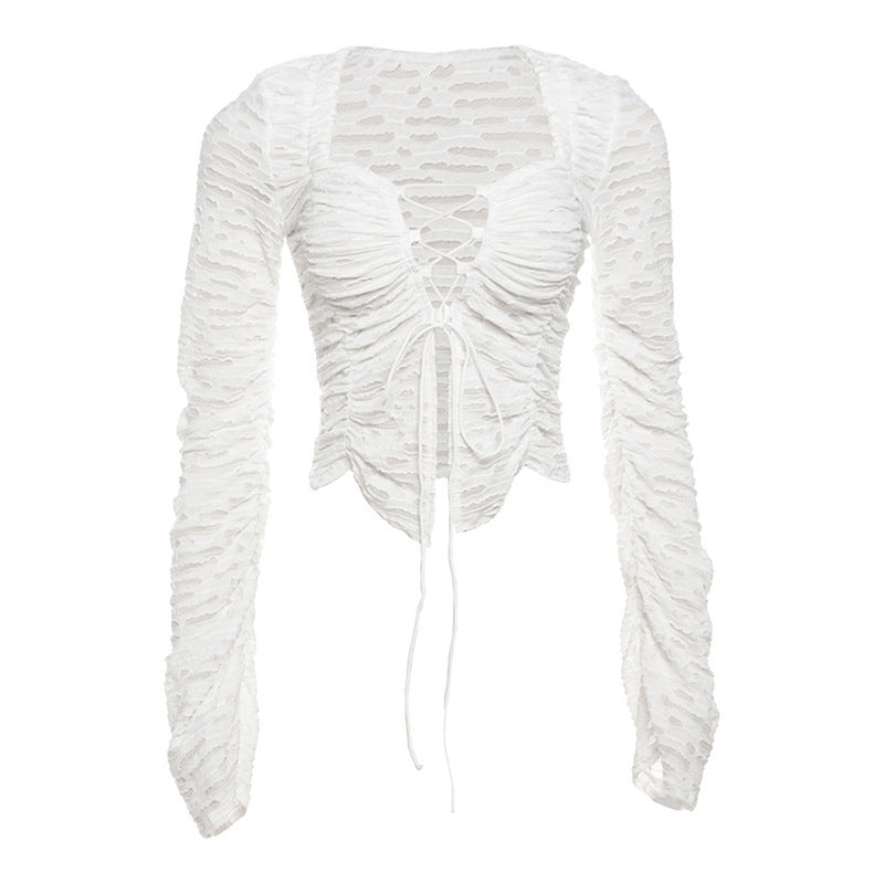 Shattered Fabric Ruched White Lace-Up Long-sleeve Bell top