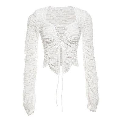 Shattered Fabric Ruched White Lace-Up Long-sleeve Bell top