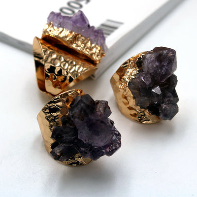 Natural Amethyst Gold Chunk Ring