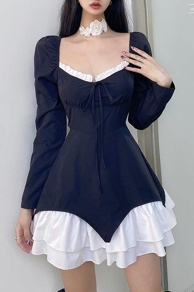 French Gothic Square Neck Lace-Up Dress