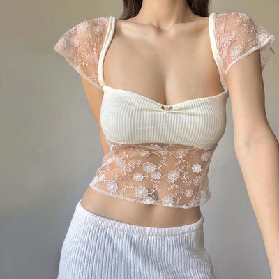 Floral-Stitched Square Neck Crop Top
