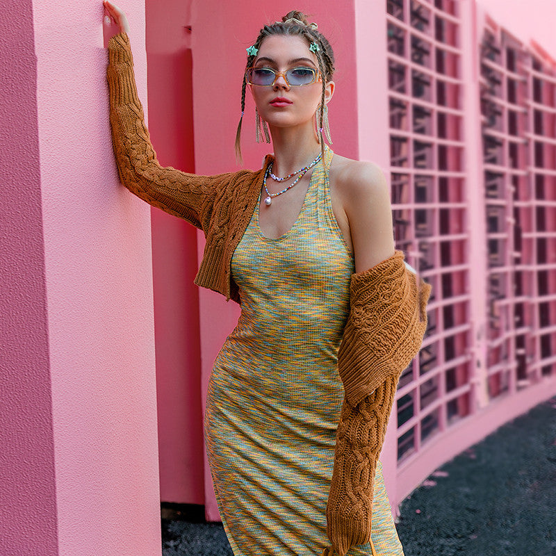 Women's Halter Knit Y2K-Style Midi Dress