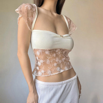 Floral-Stitched Square Neck Crop Top