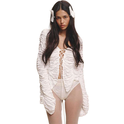 Shattered Fabric Ruched White Lace-Up Long-sleeve Bell top