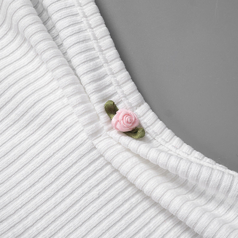 Floral-Stitched Square Neck Crop Top