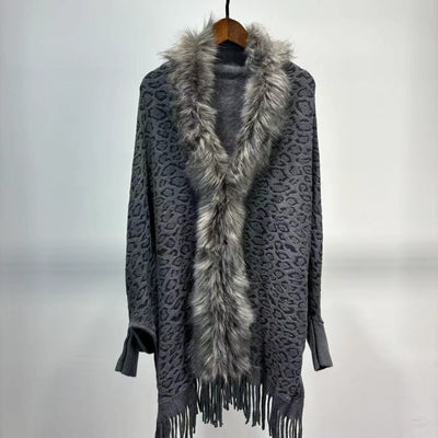 One-Size-Fits-All Leopard Print Fur Collar Throw-Over Cardi