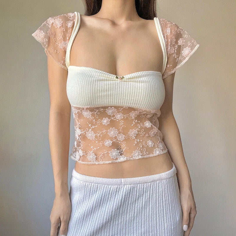 Floral-Stitched Square Neck Crop Top