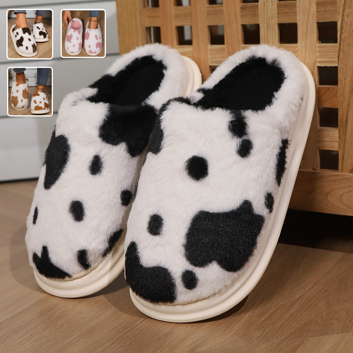 Cow Spotted Plush Slippers