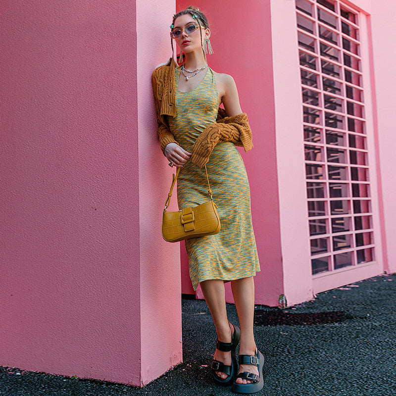 Women's Halter Knit Y2K-Style Midi Dress