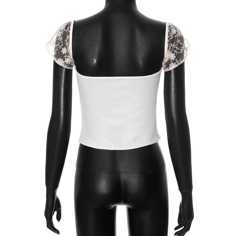 Floral-Stitched Square Neck Crop Top