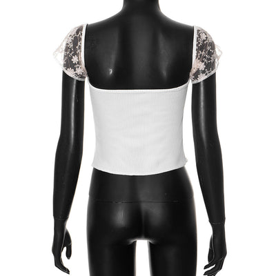 Floral-Stitched Square Neck Crop Top