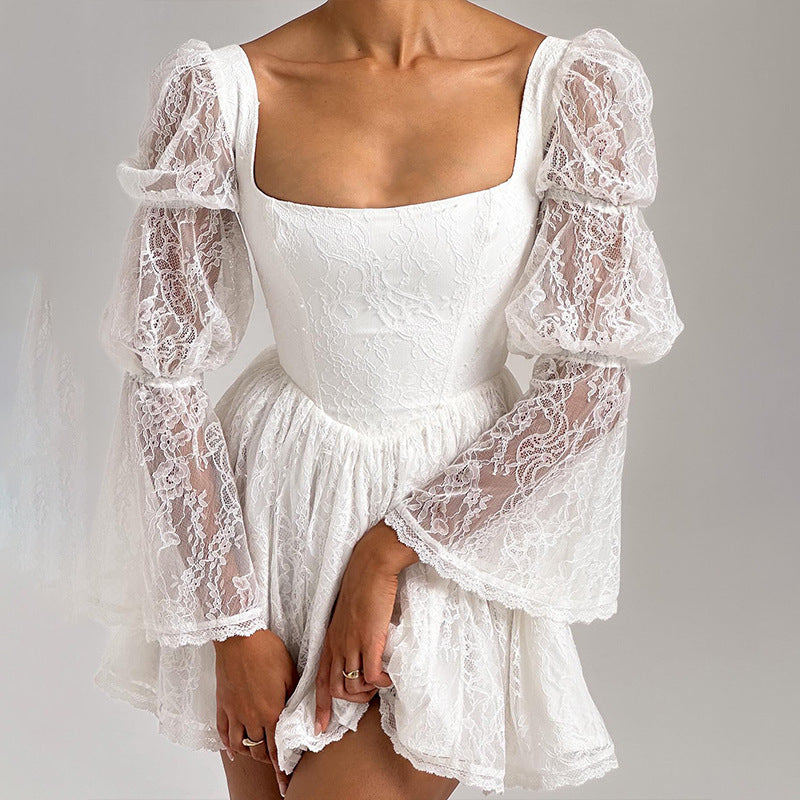 Autumnal Square-neck White Lace Dress