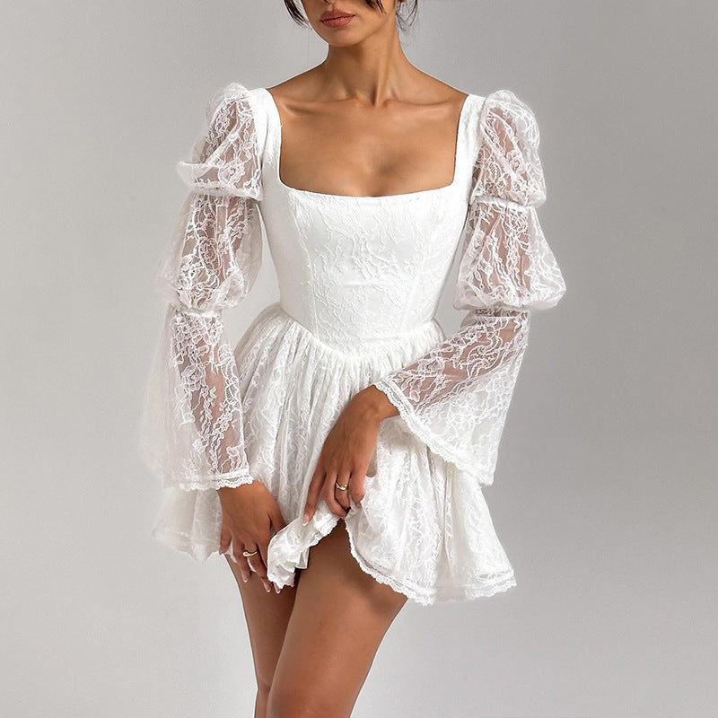 Autumnal Square-neck White Lace Dress