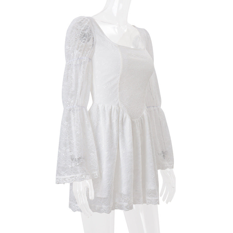 Autumnal Square-neck White Lace Dress