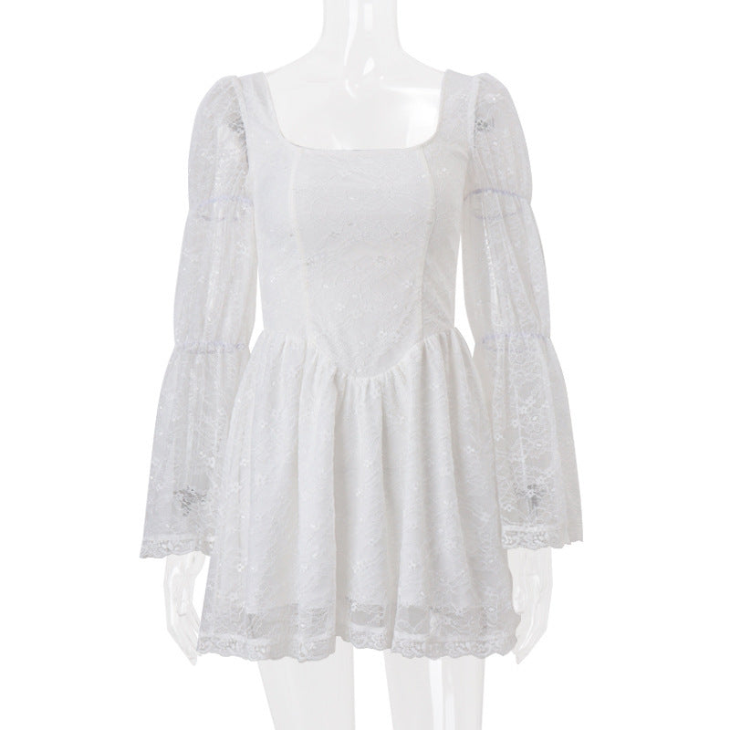 Autumnal Square-neck White Lace Dress