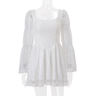 Autumnal Square-neck White Lace Dress