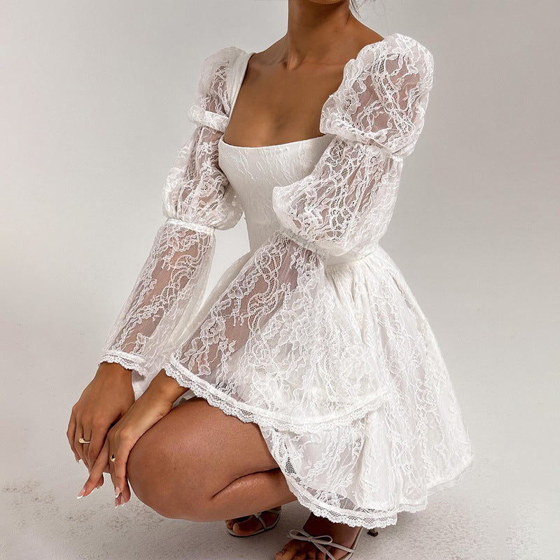 Autumnal Square-neck White Lace Dress