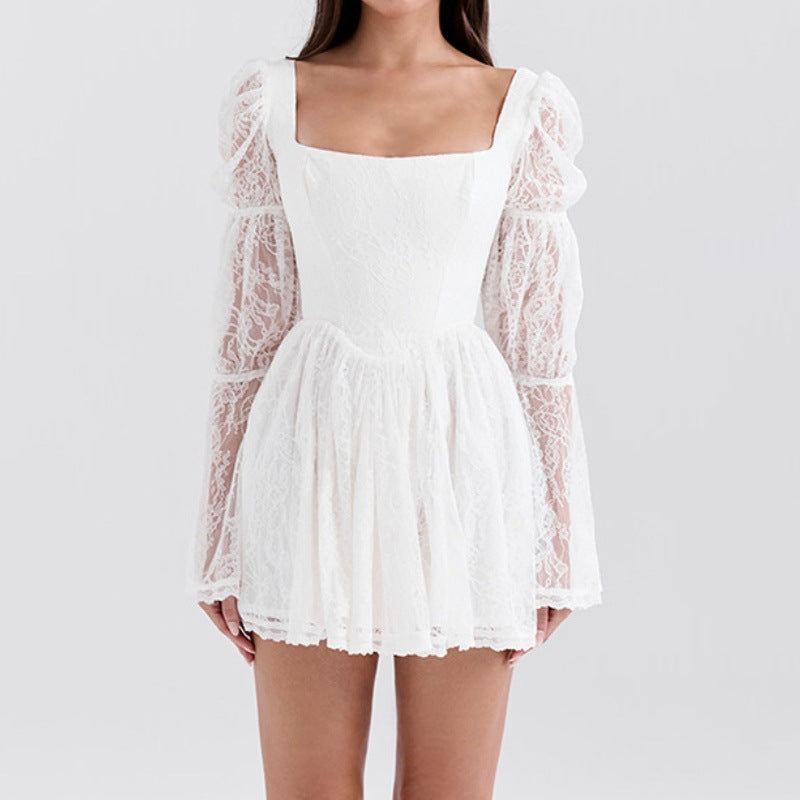 Autumnal Square-neck White Lace Dress