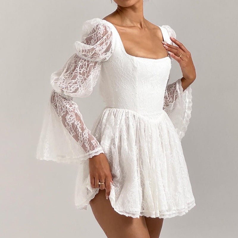 Autumnal Square-neck White Lace Dress