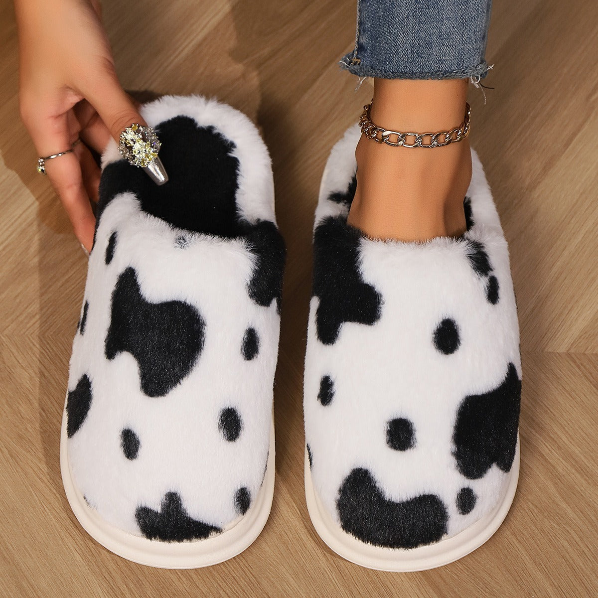 Cow Spotted Plush Slippers