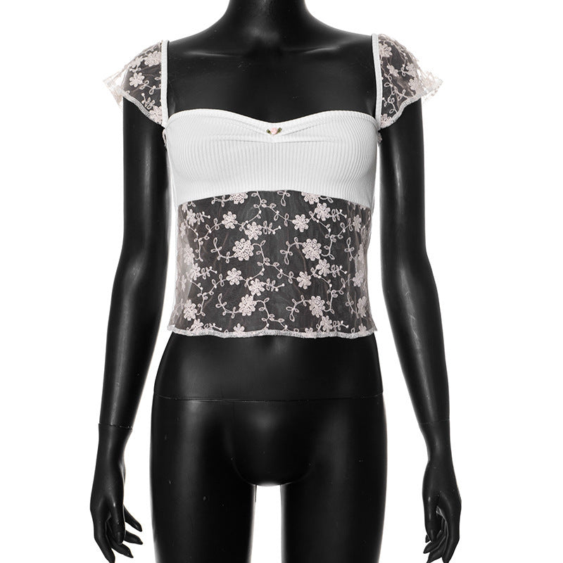 Floral-Stitched Square Neck Crop Top