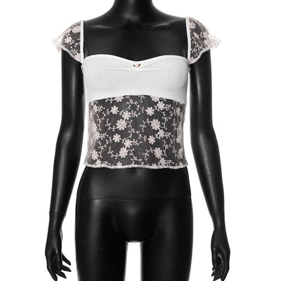 Floral-Stitched Square Neck Crop Top