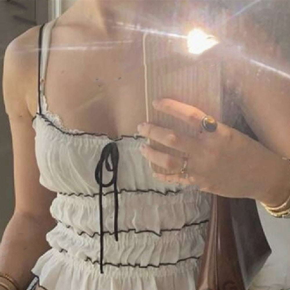 White Lace-Up Ruffle Bowed Camisole