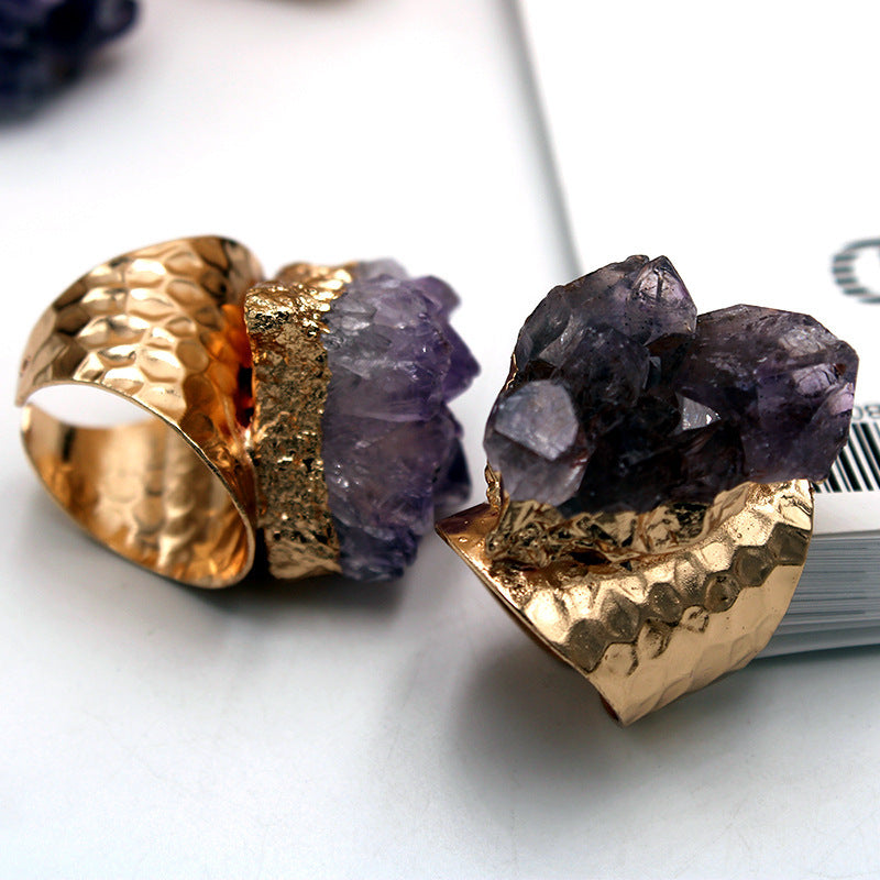 Natural Amethyst Gold Chunk Ring