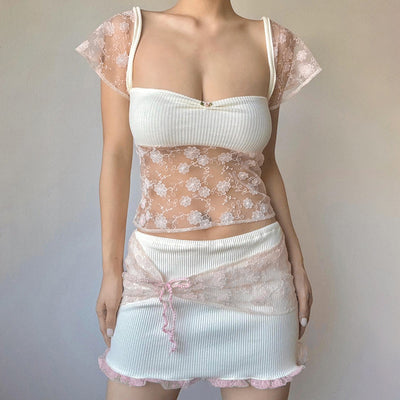 Floral-Stitched Square Neck Crop Top