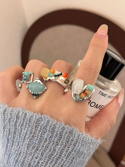 Natural Raw Gemstone Adjustable Stacked Silver Rings