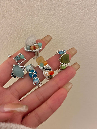 Natural Raw Gemstone Adjustable Stacked Silver Rings