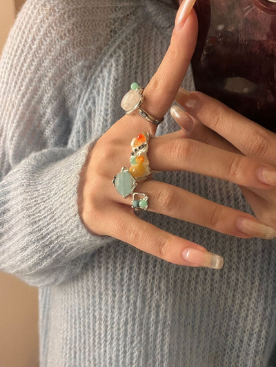 Natural Raw Gemstone Adjustable Stacked Silver Rings