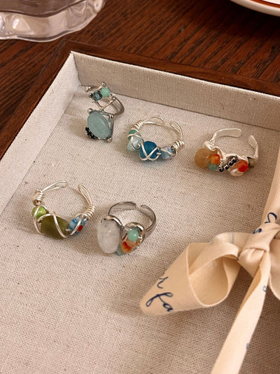 Natural Raw Gemstone Adjustable Stacked Silver Rings