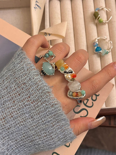 Natural Raw Gemstone Adjustable Stacked Silver Rings
